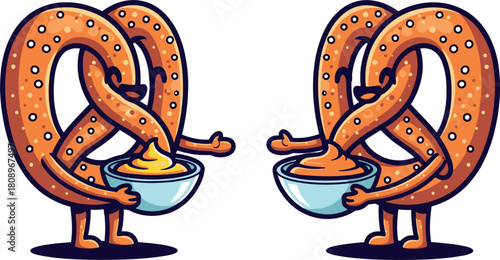 Two cartoon pretzels dipping into mustard sauce