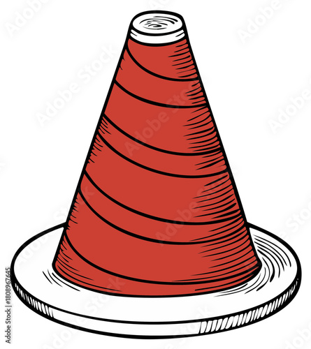Illustration of a vivid red and white striped conical road traffic safety cone, a simple and clean graphic