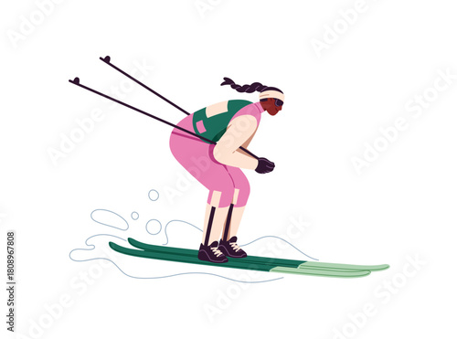 Skier goes down the snow slope side view. Sportswoman is skiing. Black woman rides cross country, slalom or downhill. Winter sport athlete is racing. Flat isolated vector illustration on white