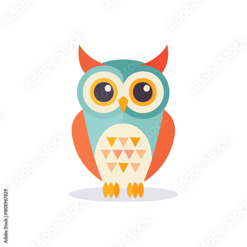 Cute colorful cartoon owl with big eyes and geometric patterns. Stylized flat design vector illustration of a wise forest bird isolated on a white background