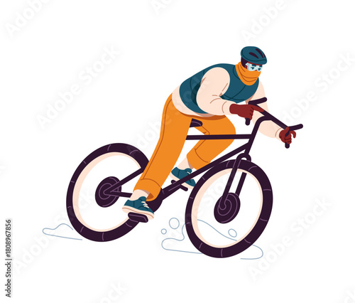 Cold weather biking. Winter cycling athlete rides a bike. Bicyclist is racing on bicycle on snow track. Cyclist is in sports competition. Flat isolated vector illustration on white background