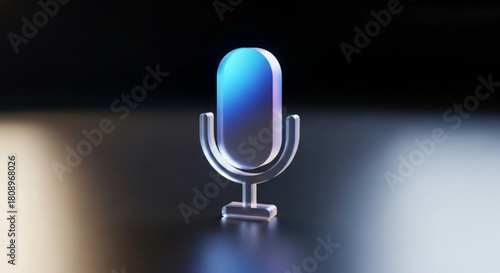 A transparent glass microphone on a dark surface with reflections and light effects, creating a modern and sleek design