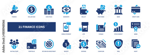 finance icon set, solid style, vector illustration