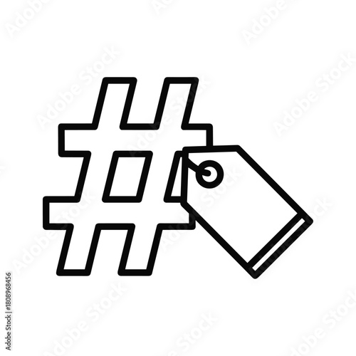 A simple line art icon representing a hashtag symbol next to a price tag, indicating social media marketing or tagging