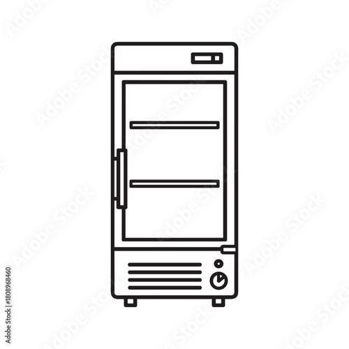 A simple line art icon of a commercial refrigerator or display cooler with glass door and shelves
