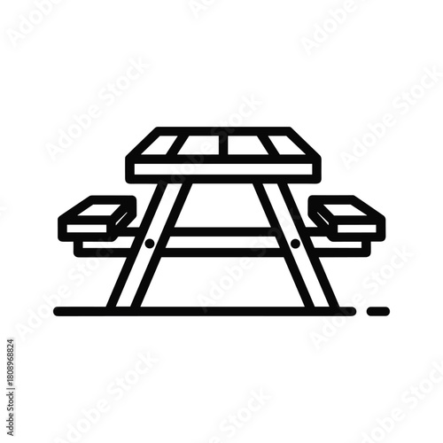 Simple line art icon of a wooden picnic table with benches, perfect for outdoor dining and recreation
