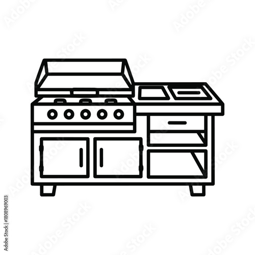 Line art icon of an outdoor kitchen setup with a grill, counter space, and storage