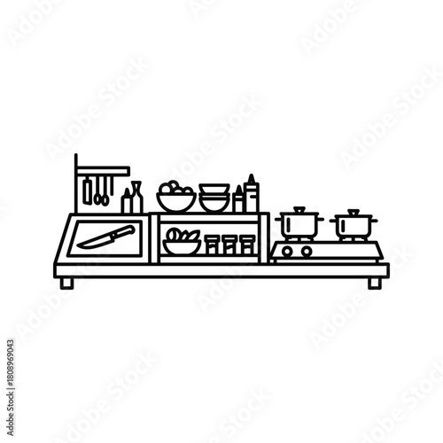 Line art icon of a commercial kitchen counter with cooking utensils, ingredients, and pots