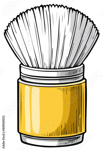 Classic barbershop shaving brush with soft white bristles in a vibrant yellow container illustration