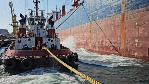 Powerful harbor tug assisting massive cargo vessel docking maneuvers