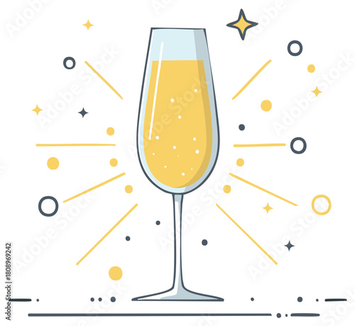 Champagne glass filled with bubbly liquid and celebratory sparkles, festive concept illustration