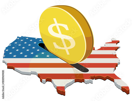 A dollar coin being inserted into a slot on the USA map (flag colors). Concept for foreign investment, finance, or economic aid. (cut out)