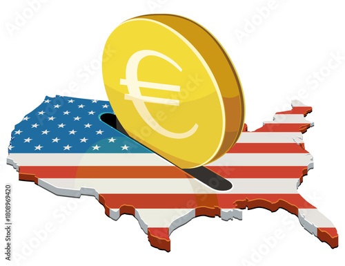 A euro coin being inserted into a slot on the USA map (flag colors). Concept for foreign investment, finance, or economic aid. (cut out)