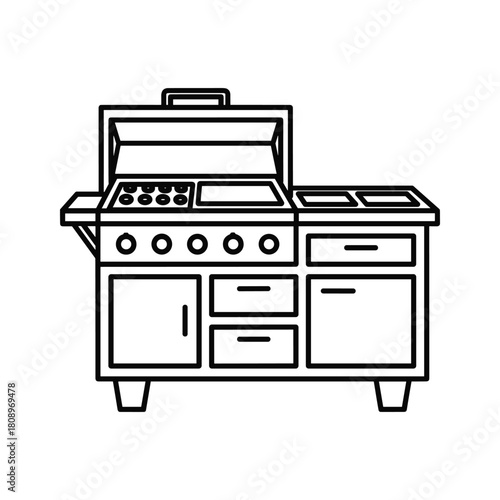 Outdoor kitchen or barbecue grill station outline with burners and storage cabinets, isolated on