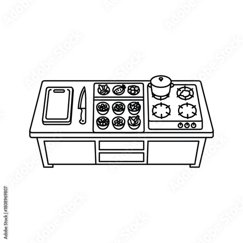 Outline icon of a kitchen countertop with various cooking elements, including a stove, pots, and utensils