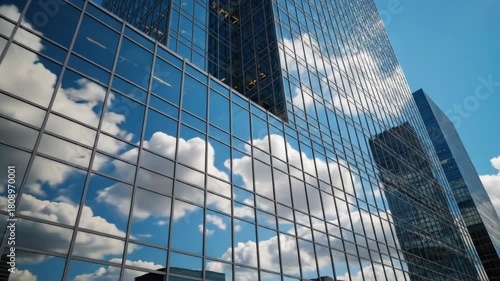 Modern glass skyscrapers reflecting bright sky and clouds