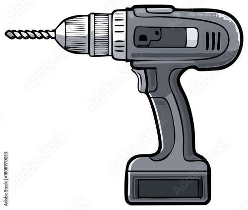 Illustration of Gray Cordless Drill with Twist Drill Bit for Construction and Home Improvement Projects