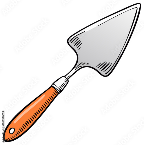 Hand-drawn pie server with an orange handle, angled view, engraved style illustration