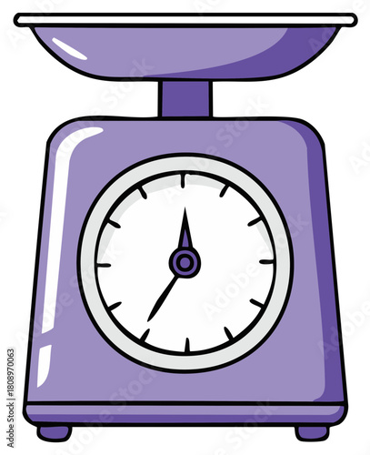 Cartoon illustration of a purple analog kitchen scale for weighing and measuring ingredients