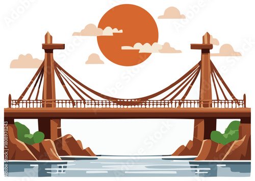 Scenic Bridge over Water with Stylized Sun and Clouds, Coastal Landscape