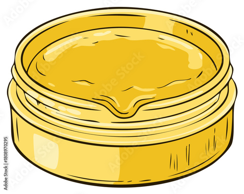 Hand drawn illustration of an open tin of golden honey, melted ghee, or cosmetic balm