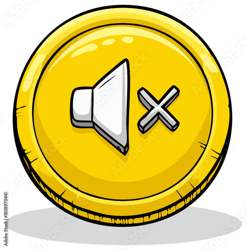 Illustration of a mute speaker icon inside a golden coin, with an 'X' mark, isolated.