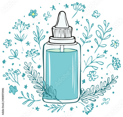 Essential Oil Bottle with Floral Accents Hand Drawn Illustration Graphic Design