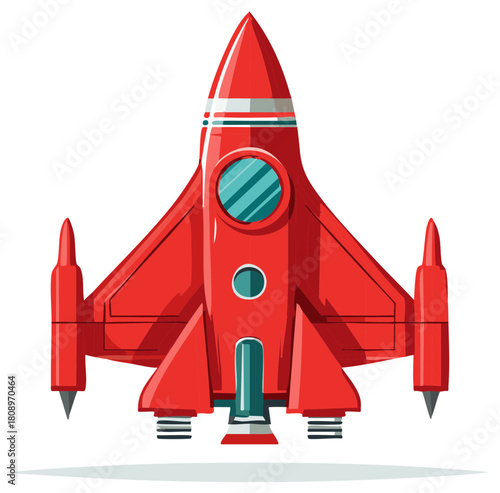 Retro red rocket ship with fins and windows ready for space exploration