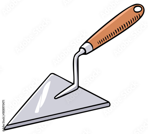 Cartoon illustration of a construction trowel with a wooden handle for masonry work