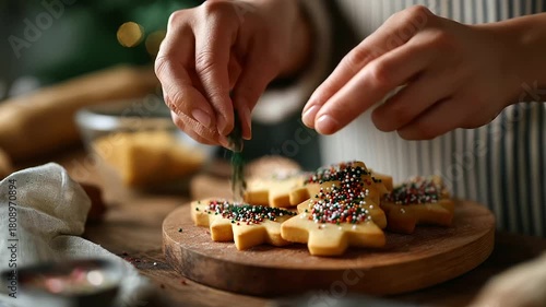 Close up hands placing colorful sprinkles on tree shaped cookie Christmas baking decoration holiday sweets preparation festive candy decorating wooden board visible baking sup