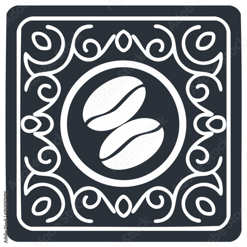 Coffee bean emblem with decorative border. Cafe, coffee shop design, logo