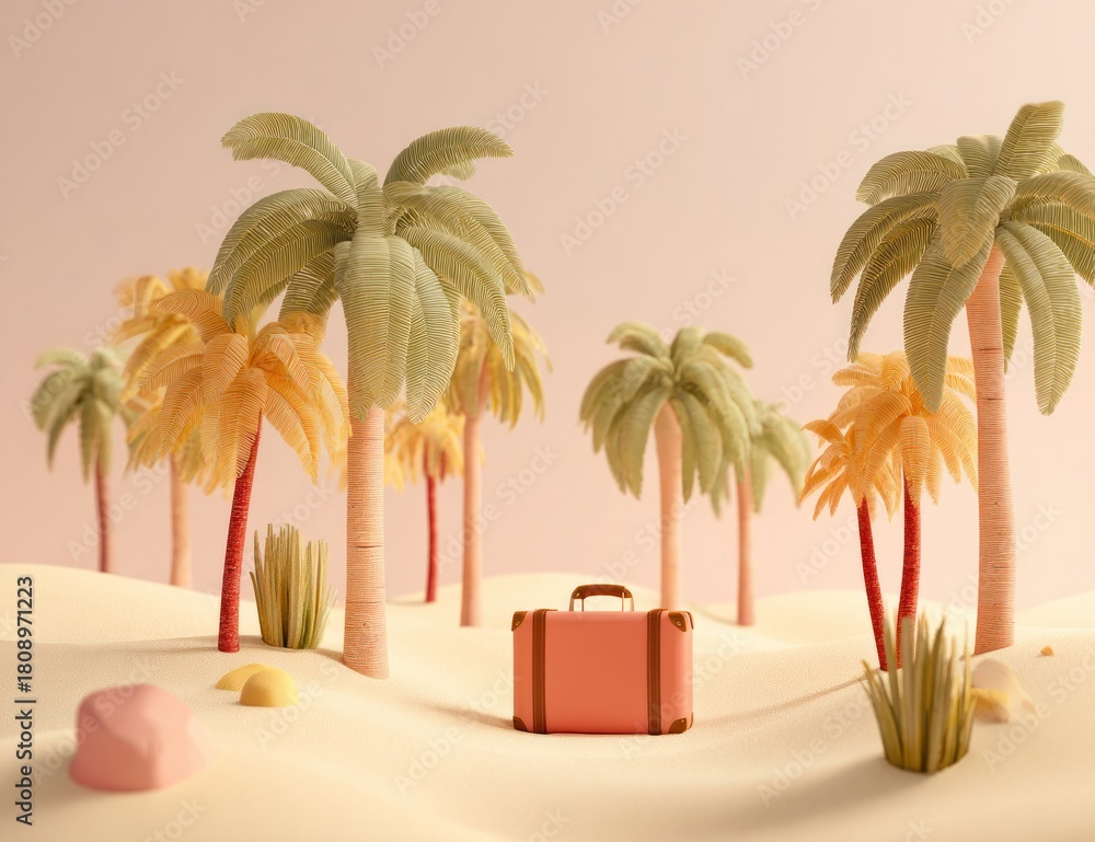 Obraz premium Tropical Getaway - Suitcase Among Palm Trees in a Dreamy Landscape.