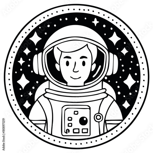 Smiling Astronaut Character in Space Helmet Surrounded by Stars and Planets in Circle Graphic