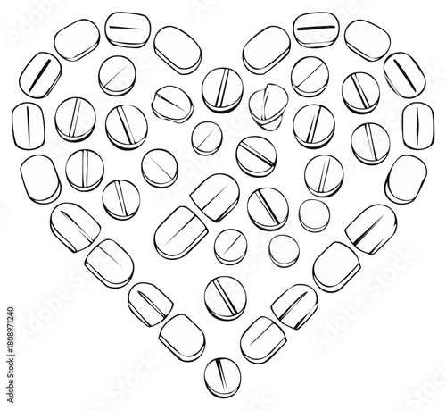 Outline heart shape formed by various pills and capsules symbolizing health and medicine