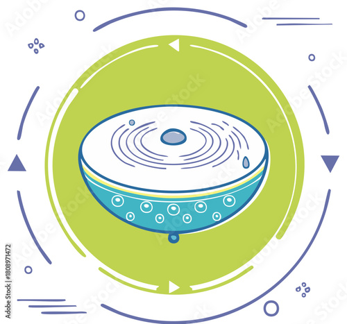 Illustrated illustration of a handpan drum with rippling water and abstract geometric elements
