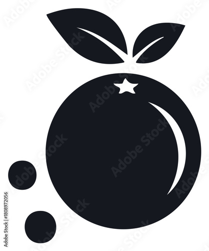 Vibrant Round Fruit with Leaves and Droplets Graphic Illustration, Food Product Icon Design, Black Silhouette