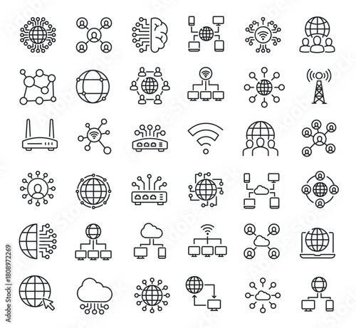 Set of collection line icons related Network. Editable stroke. Perfect pixel on transparent background