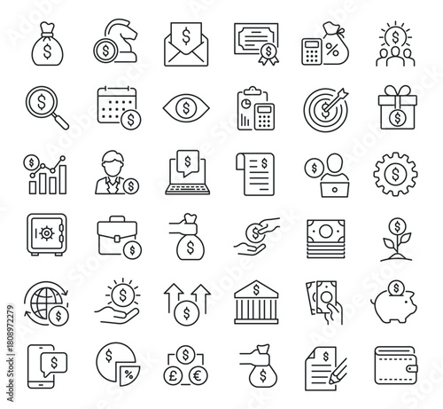 Set of collection line icons related Personal Finance. Editable stroke. Perfect pixel on transparent background
