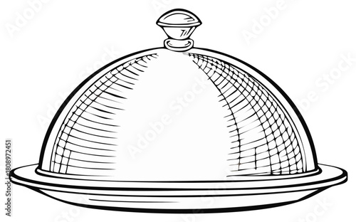 Cloche Serving Dish Illustration, Vintage Engraved Style. Dome Lid with Base