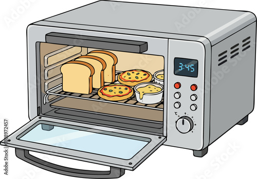 Vector Toaster Oven with Bread, Mini Pizza, and Quiches – Modern Kitchen Appliance