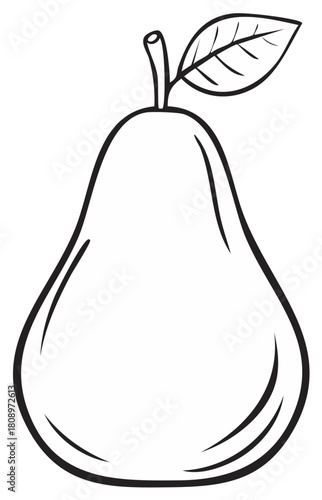 Pear outline illustration for coloring book page. Monochrome image of ripe fruit with leaf and stem against white background.