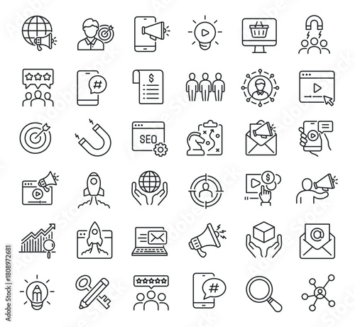 Set of collection line icons related Digital Marketing. Editable stroke. Perfect pixel on transparent background