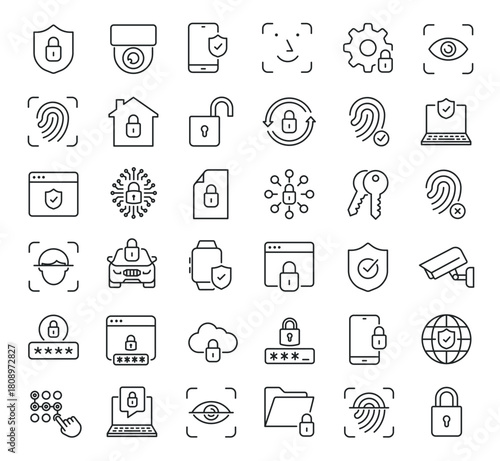 Set of collection line icons related Security. Editable stroke. Perfect pixel on transparent background