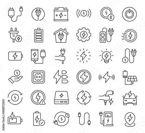 Set of collection line icons related Charging. Editable stroke. Perfect pixel on transparent background
