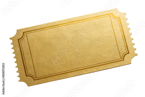 Blank golden ticket with decorative border, isolated on a white background, ideal for events, contests, and promotions