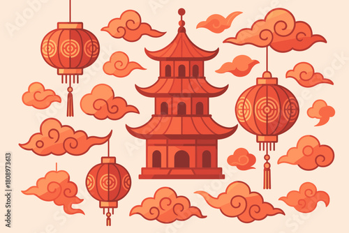 Chinese New Year Symbols. Collection of Chinese New Year symbols, including lanterns, a pagoda, and abstract cloud motifs, are arranged in a harmonious layout. Each. Vector illustration