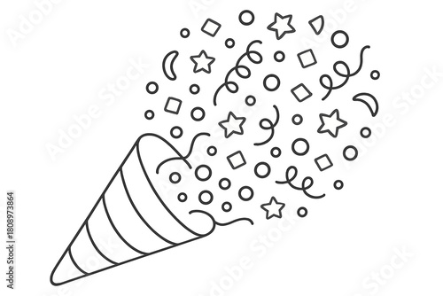 Confetti Cascade Celebration. Confetti cone spilling out tiny paper shapes, creating a cascade of celebratory elements. The line art style focuses on the dynamic. Vector illustration