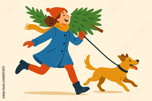 Festive Walk with Dog. Cheerful woman wearing a blue coat, joyfully carrying a small tree and leading a playful dog. Her energetic pose and the dog's lively stance. Vector illustration
