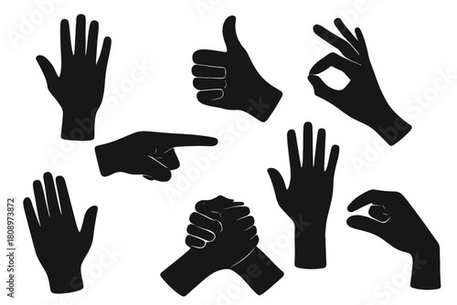 Silhouetted Hands Gestures. Collection of silhouetted hands captured in various gestures, each expressing a unique form of communication. The hands are strategically. Vector illustration