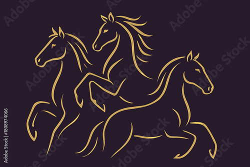 Minimalist Golden Horses. Abstract representation of horses, using minimalist lines to suggest their forms. The lines are bold and fluid, capturing the essence of. Vector illustration